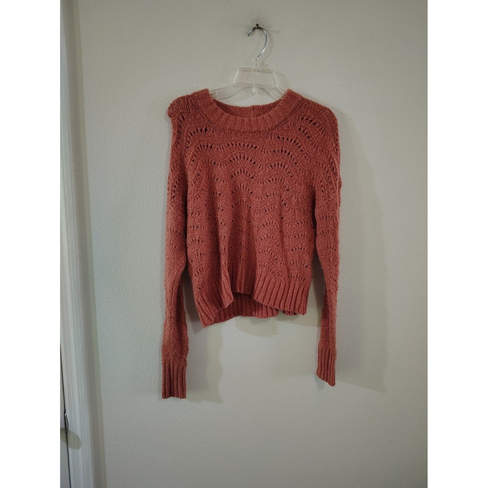 American Eagle Terracotta Coral Pointelle Knit Scalloped Crew Neck Sweater Small